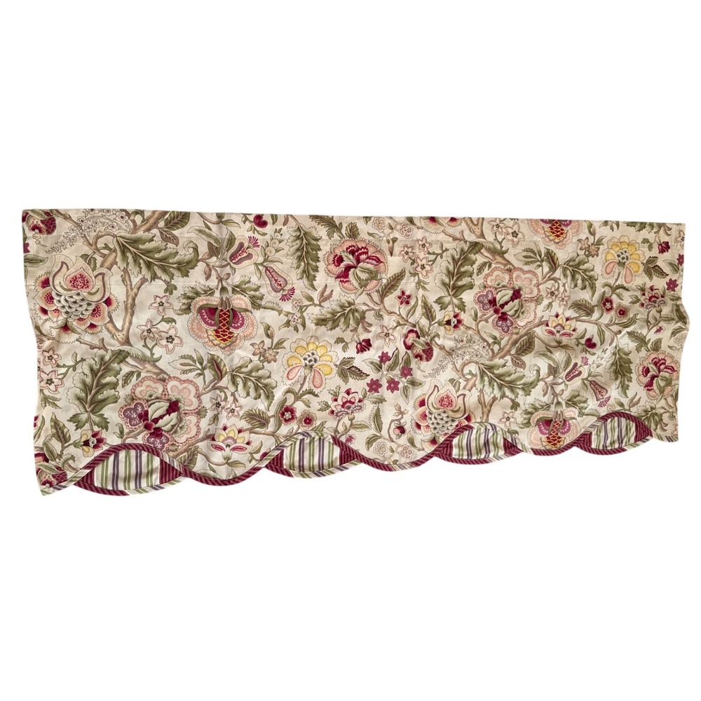 Waverly Floral Scalloped Window Valance Cream Red Green Striped Trim 50x18